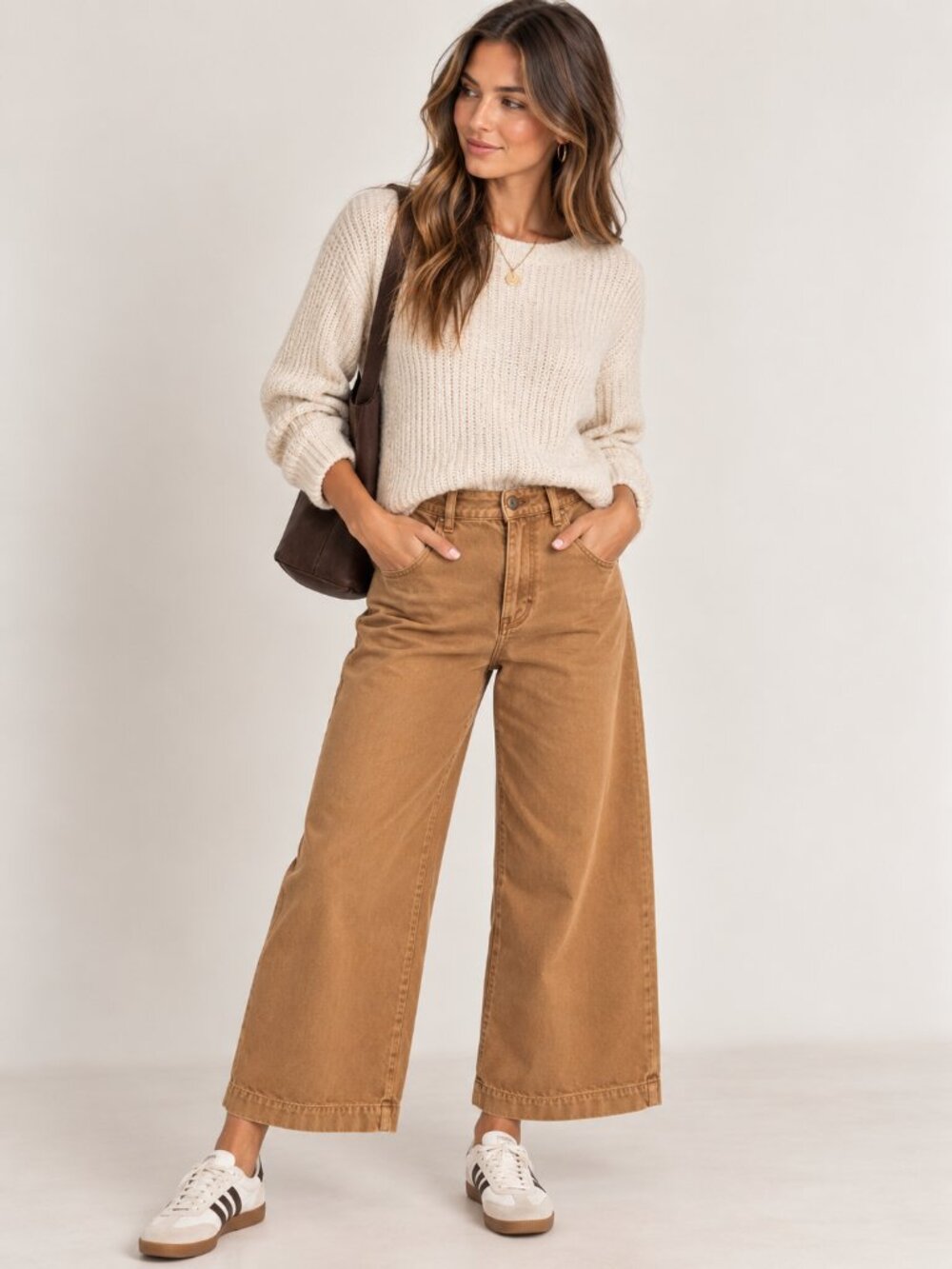We The Free 27 Camel Wide Leg Pants Cotton High Rise Boho Fall Academia